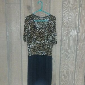 Leopard Print Bodice Long Sleeve Dress in Black